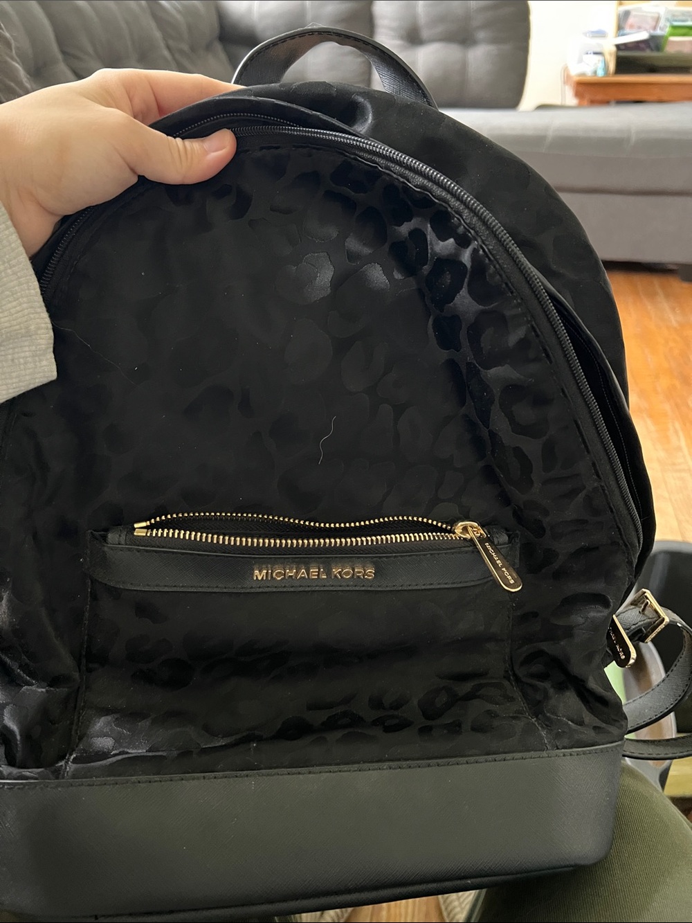 Michael Kors Black Leopard Jacquard Nylon Backpack with Gold Hardware
